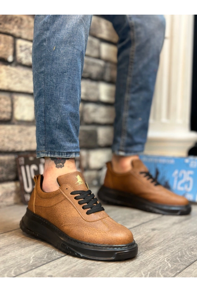 Shoecide Sb0327 Boa Taba Siyah Kalın Yüksek Taban Bağcıklı Spor Erkek Ayakkabı