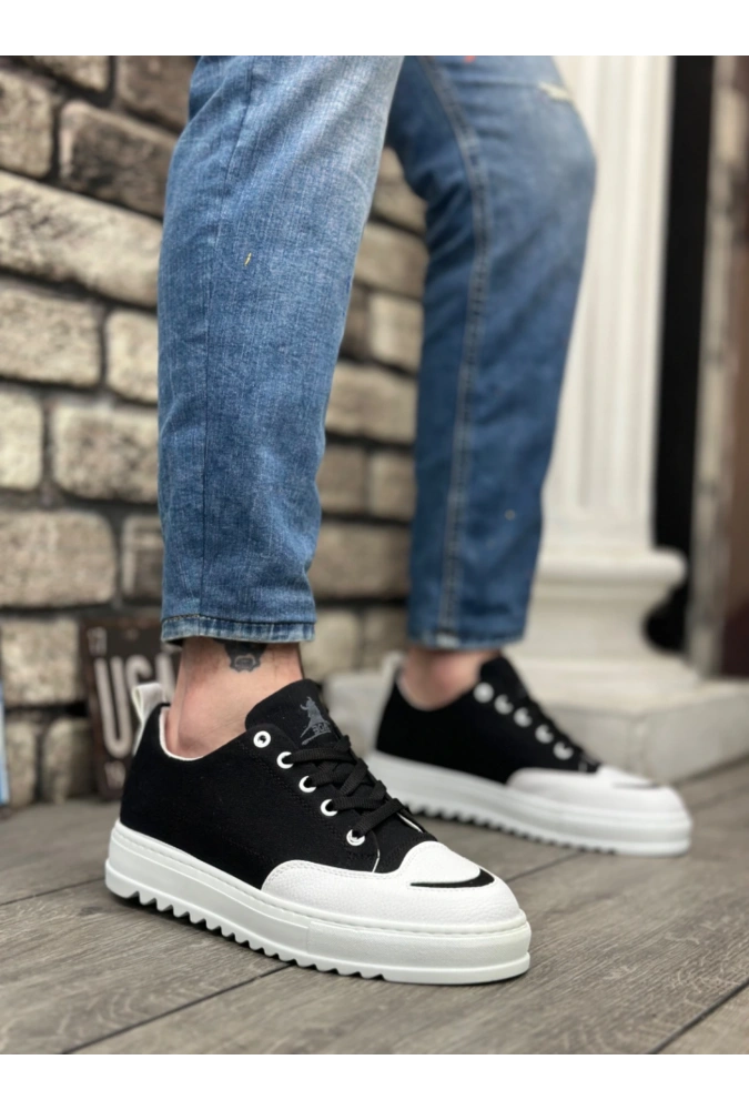 Shoecide Sb0328 Boa Kalın Yüksek Taban Smile Desenli Siyah Beyaz Spor Erkek Ayakkabı