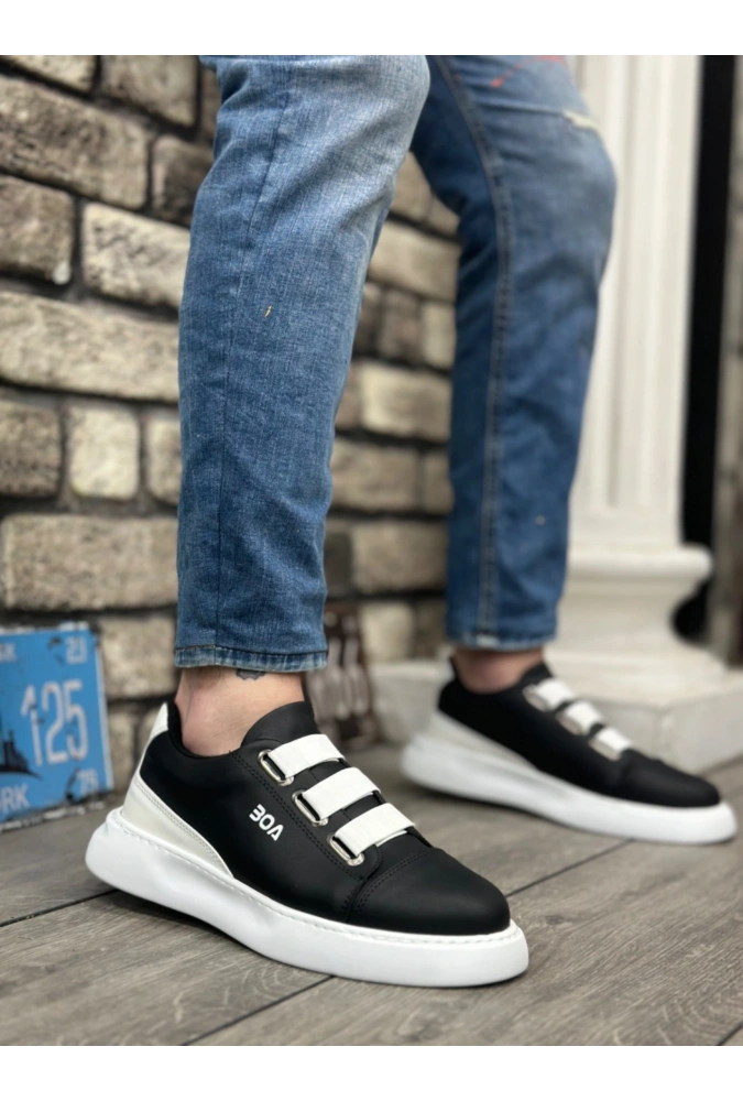Shoecide Sb0329 3 Bant Siyah Beyaz Detaylı Kalın Taban Casual Erkek Ayakkabı