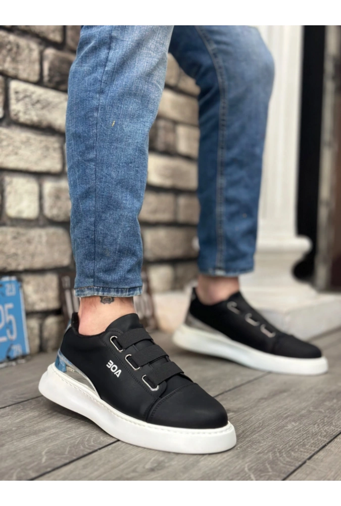 Shoecide Sb0329 3 Bant Siyah Gümüş Detaylı Kalın Taban Casual Erkek Ayakkabı