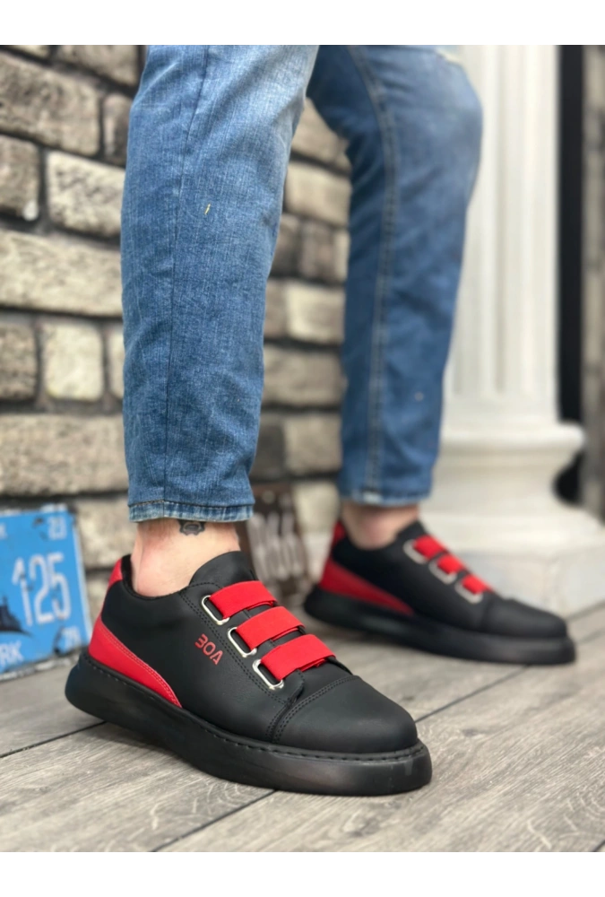 Shoecide Sb0329 3 Bant Siyah Kırmızı Detaylı Kalın Taban Casual Erkek Ayakkabı