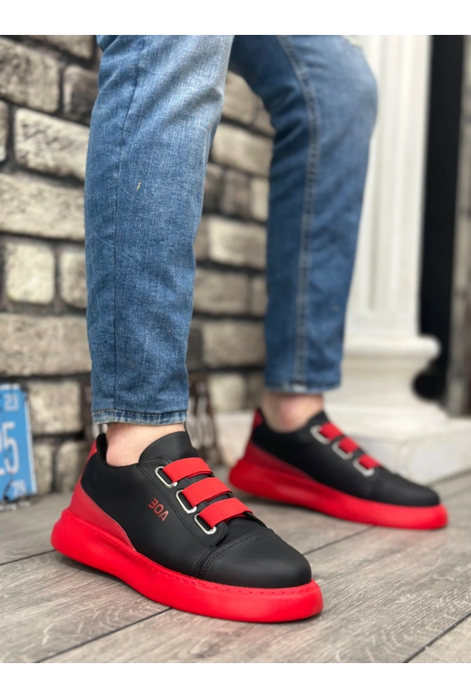 Shoecide Sb0329 3 Bant Siyah Kırmızı Kalın Taban Casual Erkek Ayakkabı