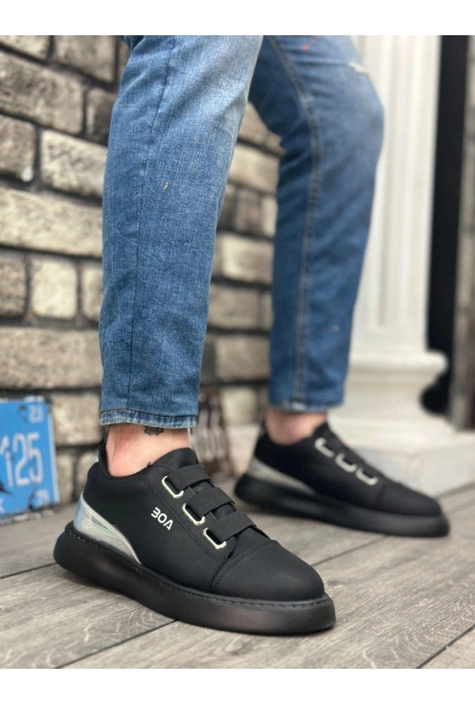 Shoecide Sb0329 3 Bant Siyah Tabanlı Gümüş Detaylı Kalın Taban Casual Erkek Ayakkabı
