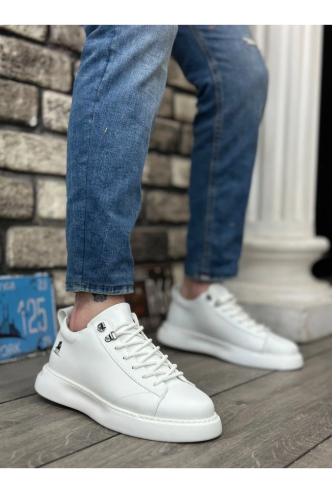 Shoecide Sb0331 Bağcıklı Erkek Yüksek Taban Beyaz Cilt  Spor Ayakkabı