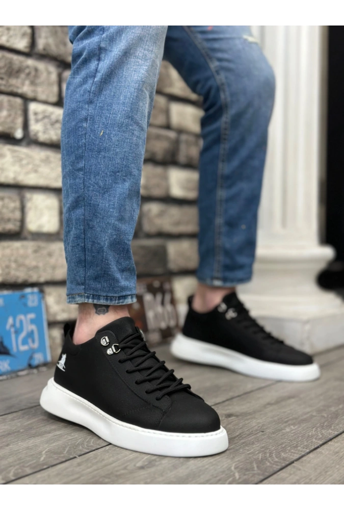 Shoecide Sb0331 Bağcıklı Erkek Yüksek Taban Cilt Siyah Beyaz Taban Spor Ayakkabı