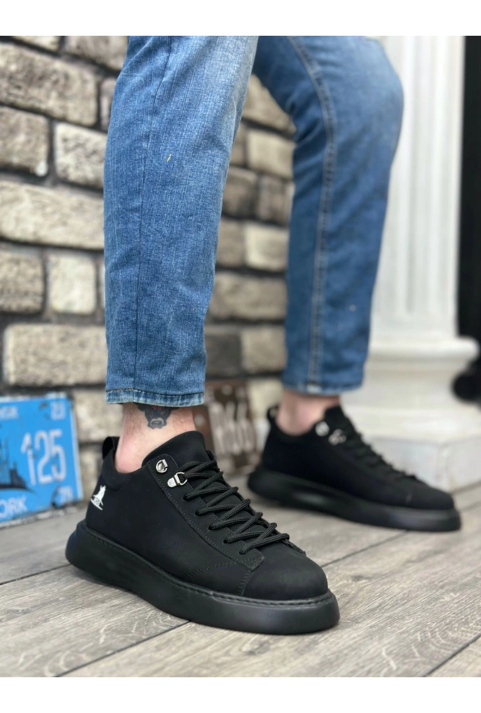 Shoecide Sb0331 Bağcıklı Erkek Yüksek Taban Siyah Cilt  Spor Ayakkabı