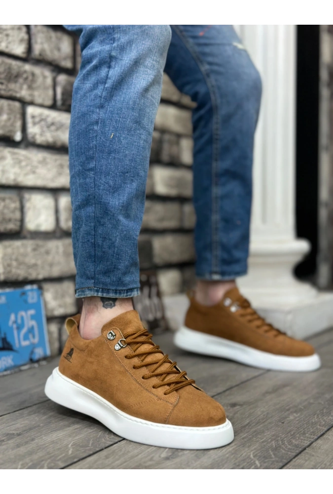 Shoecide Sb0331 Bağcıklı Erkek Yüksek Taban Taba Süet Beyaz Taban Spor Ayakkabı