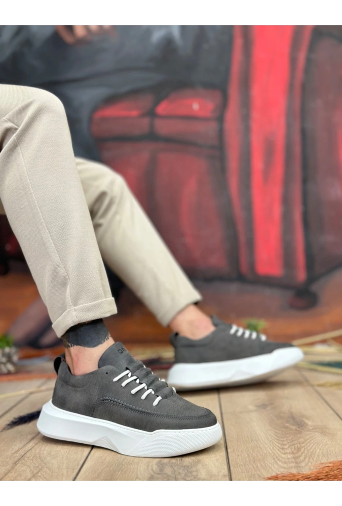 Shoecide Sb0332 Merdiven Desen Bağcıklı Erkek Yüksek Taban Antrasit Cilt Spor Ayakkabı