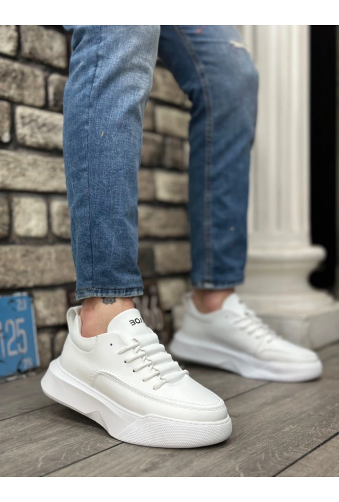 Shoecide Sb0332 Merdiven Desen Bağcıklı Erkek Yüksek Taban Beyaz Cilt Spor Ayakkabı