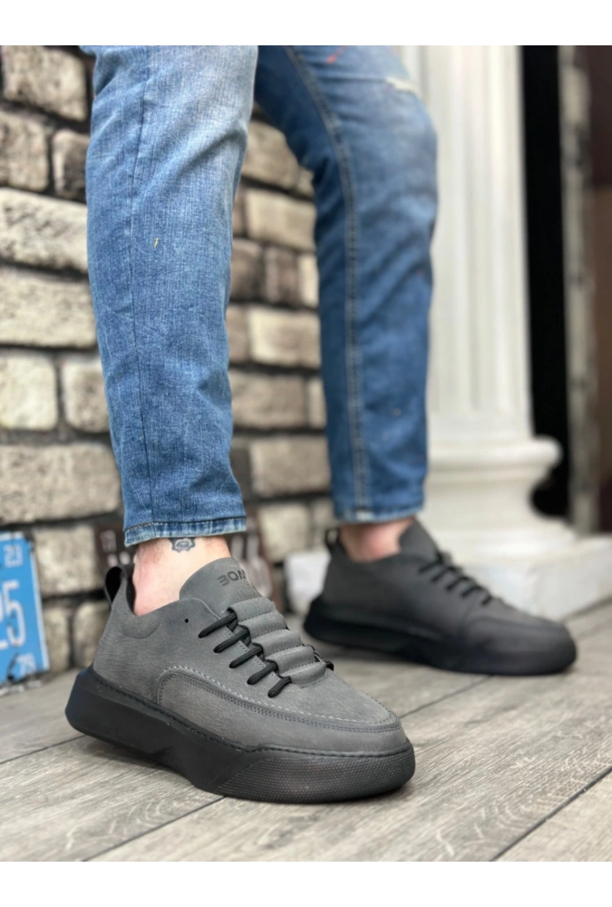 Shoecide Sb0332 Merdiven Desen Bağcıklı Erkek Yüksek Taban Füme Cilt Spor Ayakkabı