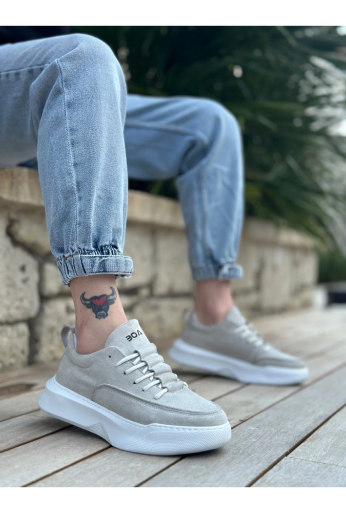 Shoecide Sb0332 Merdiven Desen Bağcıklı Erkek Yüksek Taban Gri Süet Beyaz Taban Spor Ayakkabı