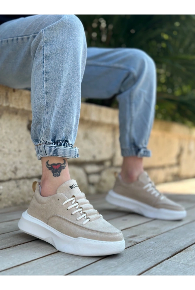 Shoecide Sb0332 Merdiven Desen Bağcıklı Erkek Yüksek Taban Krem Süet Spor Ayakkabı