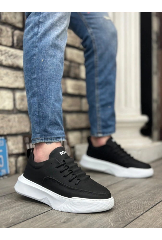 Shoecide Sb0332 Merdiven Desen Bağcıklı Erkek Yüksek Taban Siyah Cilt Beyaz Taban Spor Ayakkabı