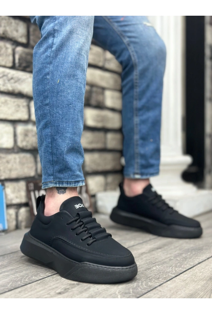 Shoecide Sb0332 Merdiven Desen Bağcıklı Erkek Yüksek Taban Siyah Cilt Siyah Taban Spor Ayakkabı