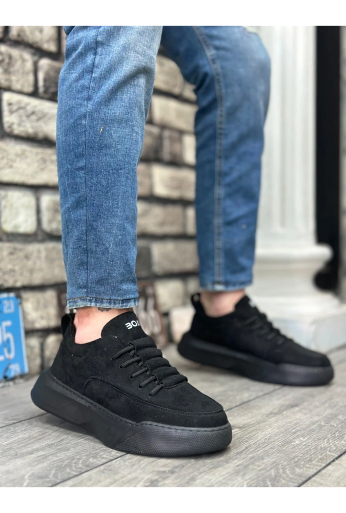 Shoecide Sb0332 Merdiven Desen Bağcıklı Erkek Yüksek Taban Siyah Süet Siyah Taban Spor Ayakkabı