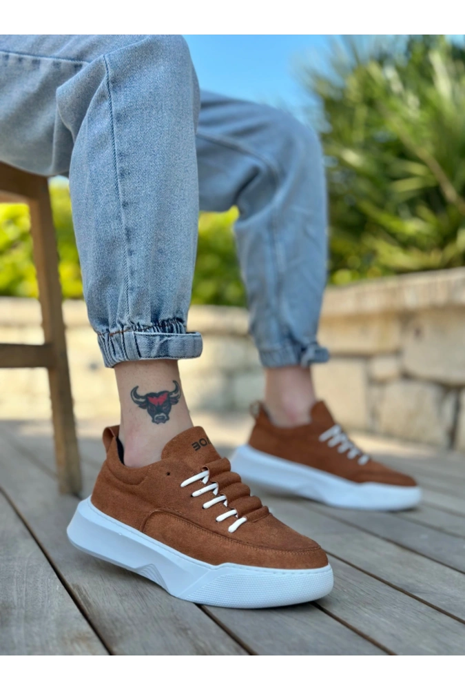 Shoecide Sb0332 Merdiven Desen Bağcıklı Erkek Yüksek Taban Taba Süet Beyaz Taban Spor Ayakkabı