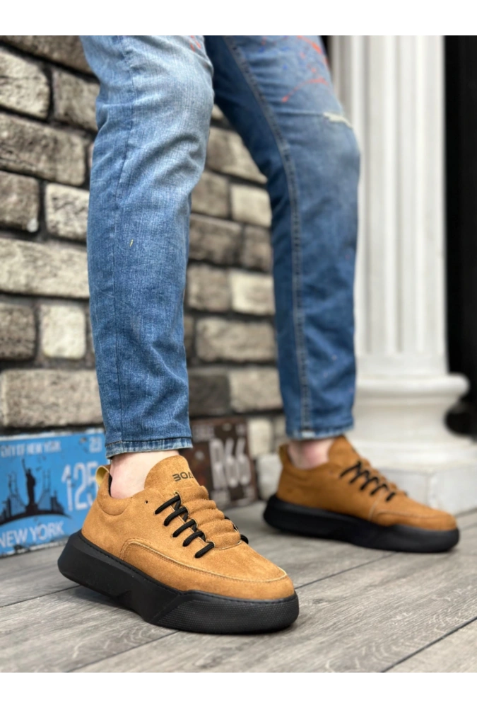 Shoecide Sb0332 Merdiven Desen Bağcıklı Erkek Yüksek Taban Taba Süet Siyah Taban Spor Ayakkabı