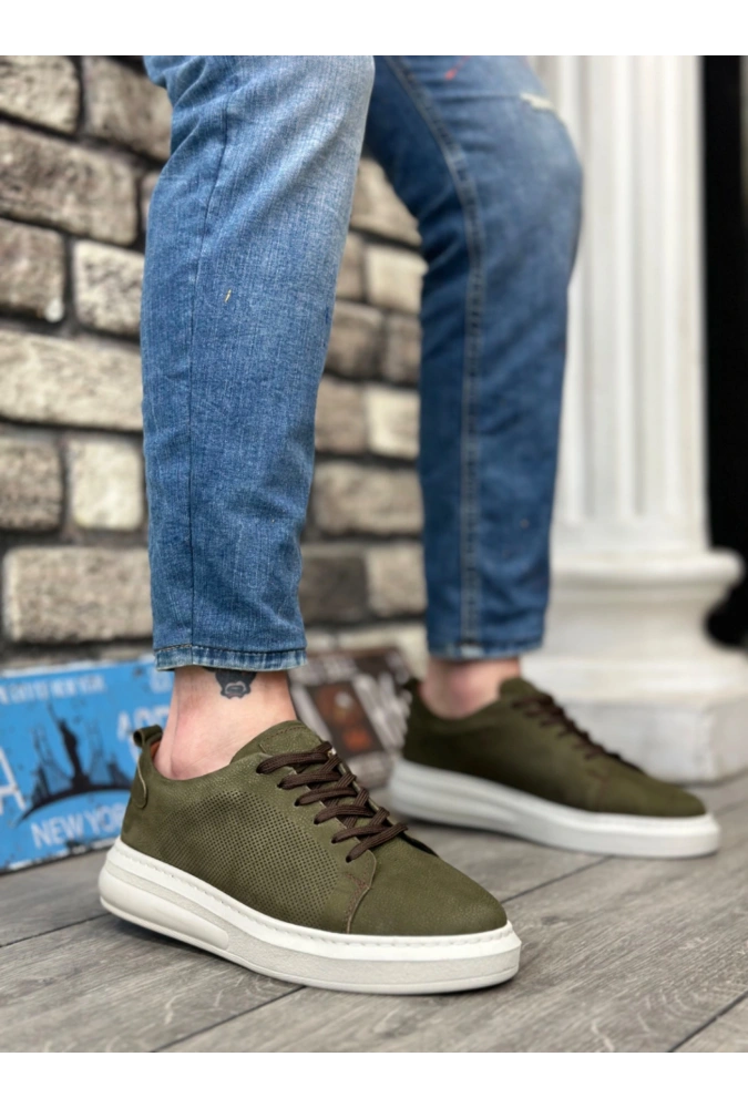 Shoecide Sb0336 İçi Dışı Hakiki Nubuk Deri Haki Bağcıklı Casual Erkek Ayakkabı