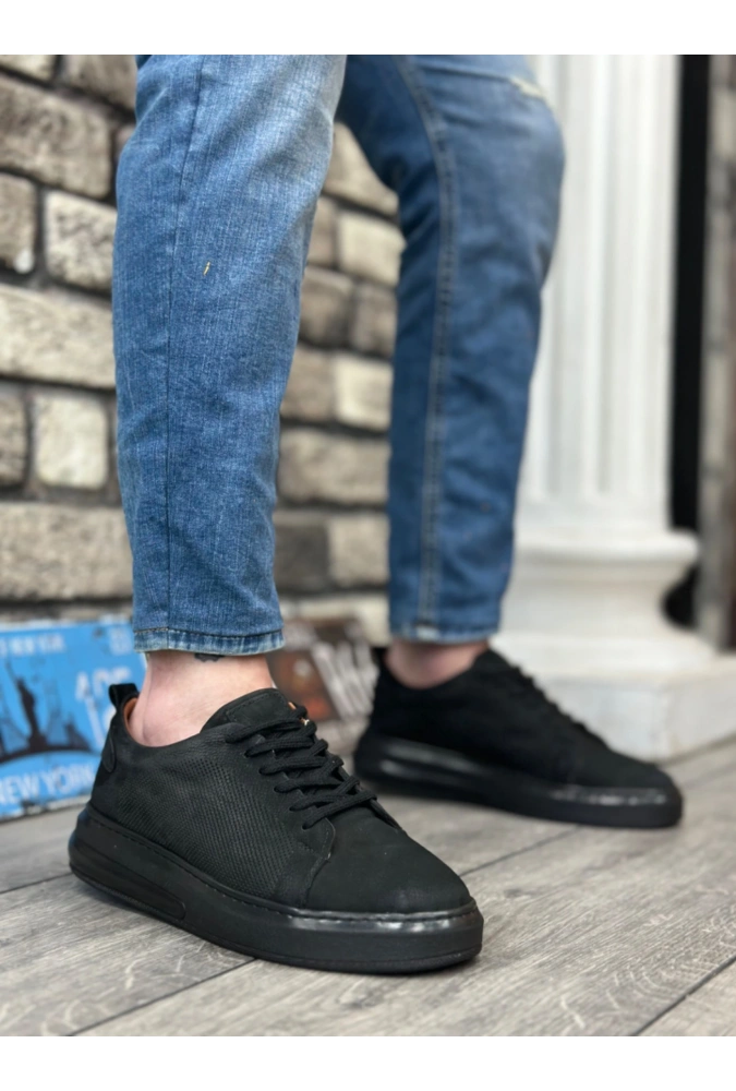 Shoecide Sb0336 İçi Dışı Hakiki Nubuk Deri Siyah Tabanlı Bağcıklı Casual Erkek Ayakkabı