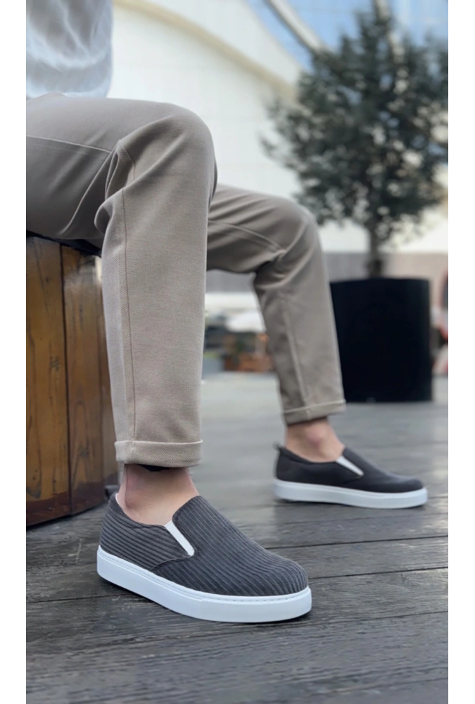 Shoecide Sb0339 Bağcıksız Kadife Gri Beyaz Taban Günlük Erkek Ayakkabı