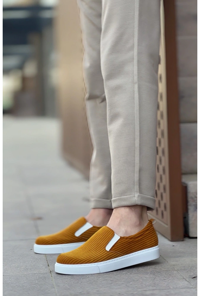 Shoecide Sb0339 Bağcıksız Kadife Hardal Beyaz Taban Günlük Erkek Ayakkabı