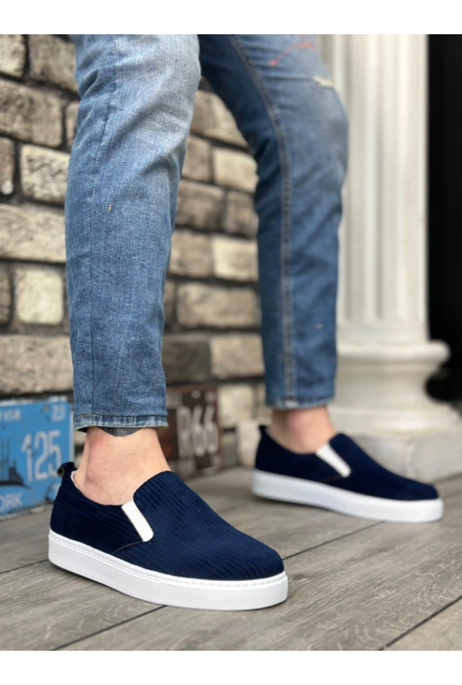 Shoecide Sb0339 Bağcıksız Kadife Lacivert Beyaz Taban Günlük Erkek Ayakkabı