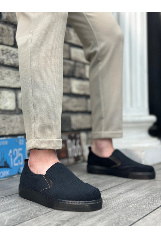 Shoecide Sb0339 Bağcıksız Kadife Siyah Siyah Taban Günlük Erkek Ayakkabı