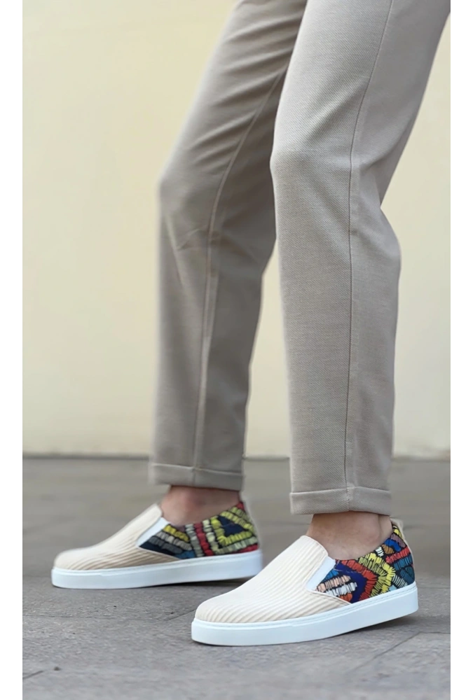 Shoecide Sb0339 Bağcıksız Keten Krem Renkli Desenli Beyaz Taban Günlük Erkek Ayakkabı