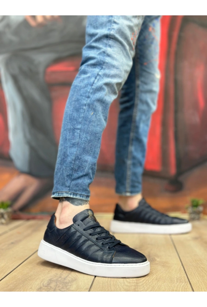 Shoecide Sb0348 İçi Dışı Hakiki Deri Bağcıklı Lacivert Casual Erkek Ayakkabı