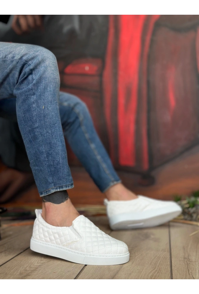 Shoecide Sb0353 Bağcıksız Kapitone Beyaz Günlük Erkek Ayakkabı