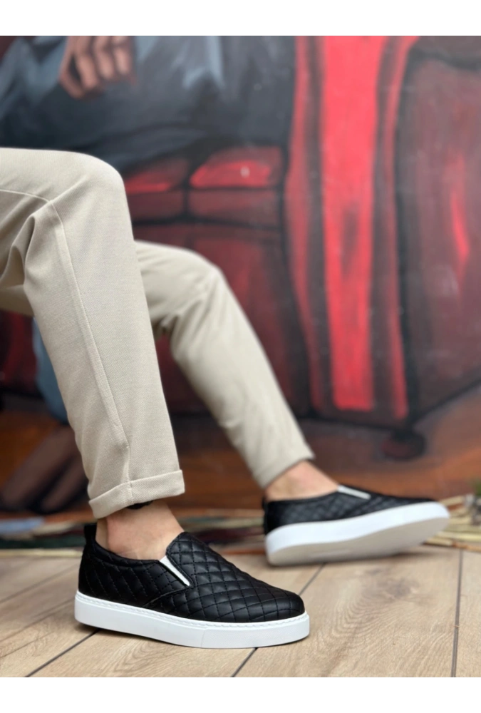 Shoecide Sb0353 Bağcıksız Kapitone Siyah Beyaz Taban Günlük Erkek Ayakkabı