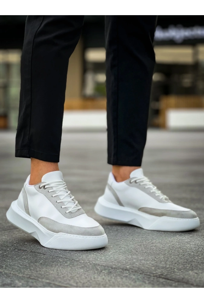 Shoecide Sb0354 Günlük Bağcıklı Erkek Gri Parçalı Beyaz  Yüksek Taban Spor Ayakkabı