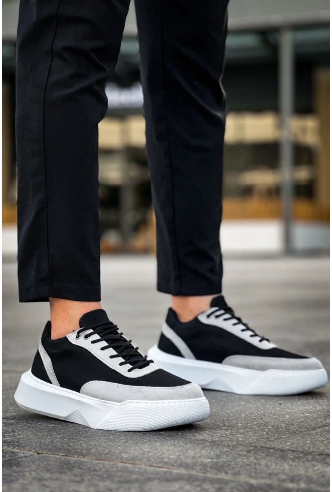 Shoecide Sb0354 Günlük Bağcıklı Erkek Gri Parçalı Siyah Yüksek  Taban Spor Ayakkabı