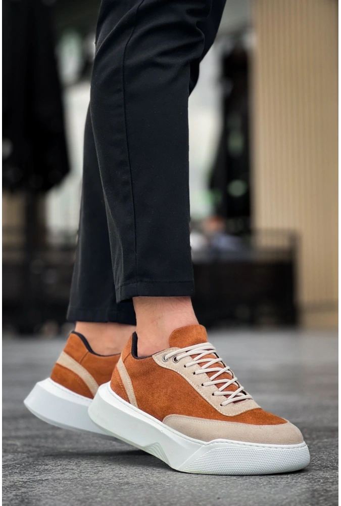 Shoecide Sb0354 Günlük  Bağcıklı Erkek Yüksek Taban Krem Detaylı Taba Süet Spor Ayakkabı