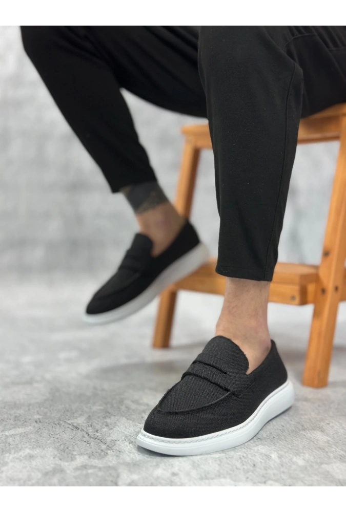 Shoecide Sb0355 Bağcıksız Keten Siyah Klasik Corcik Erkek Ayakkabı