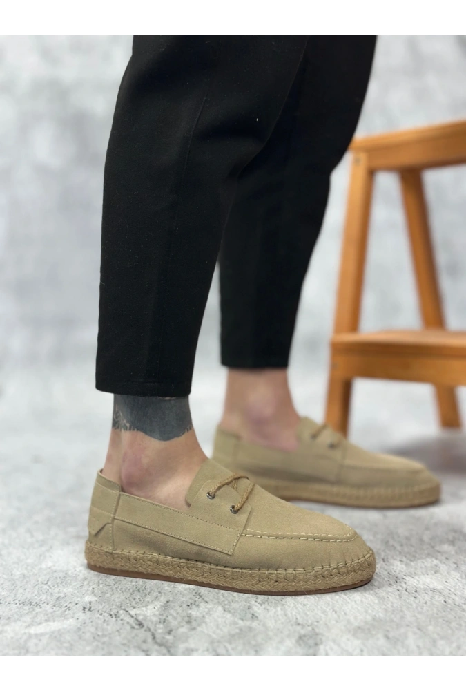 Shoecide Sb0358 Boa Doğal Deri Tozu Bağcıklı Kauçuk El Yapımı Espadril Taban Bej Renk Erkek Ayakkabı