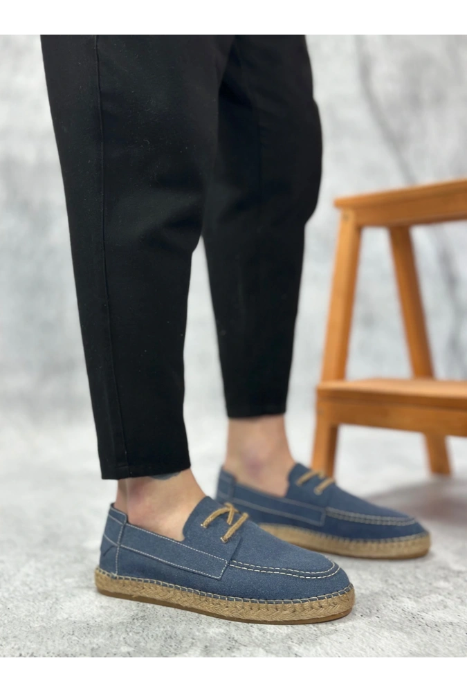 Shoecide Sb0358 Boa Doğal Deri Tozu Bağcıklı Kauçuk El Yapımı Espadril Taban Mavi Renk Erkek Ayakkabı