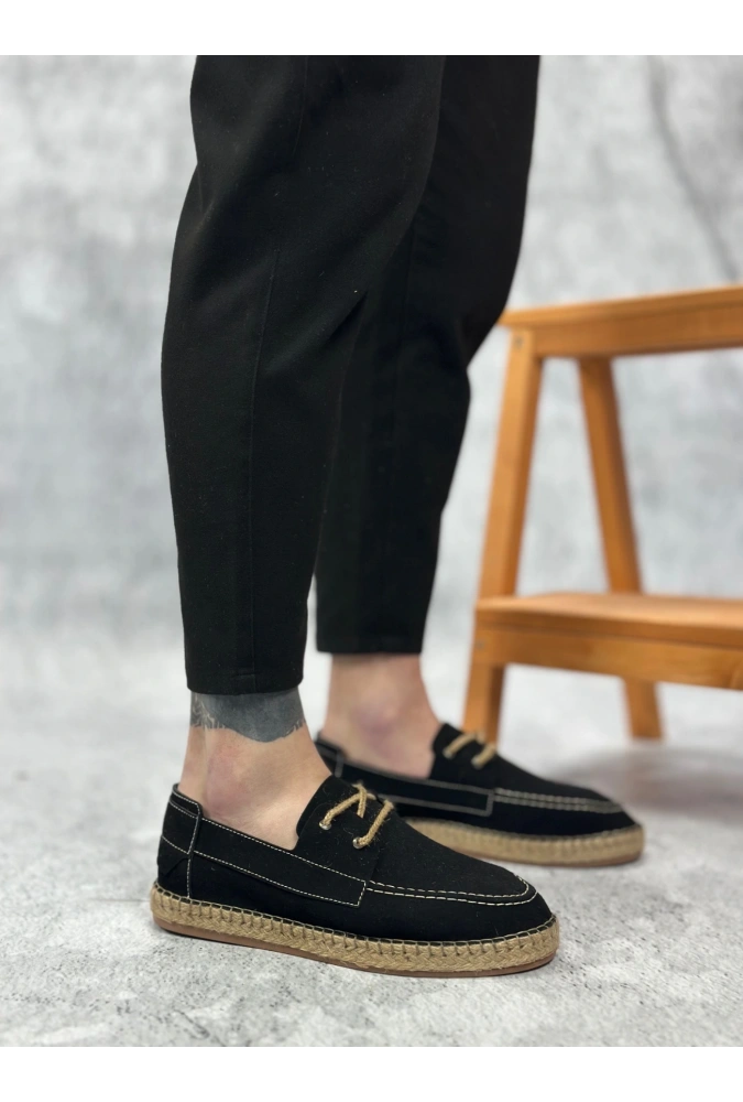Shoecide Sb0358 Boa Doğal Deri Tozu Bağcıklı Kauçuk El Yapımı Espadril Taban Siyah Renk Erkek Ayakkabı
