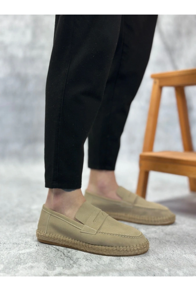 Shoecide Sb0359 Boa Doğal Deri Tozu Bağcıksız Kauçuk El Yapımı Espadril Taban Krem Renk Erkek Ayakkabı