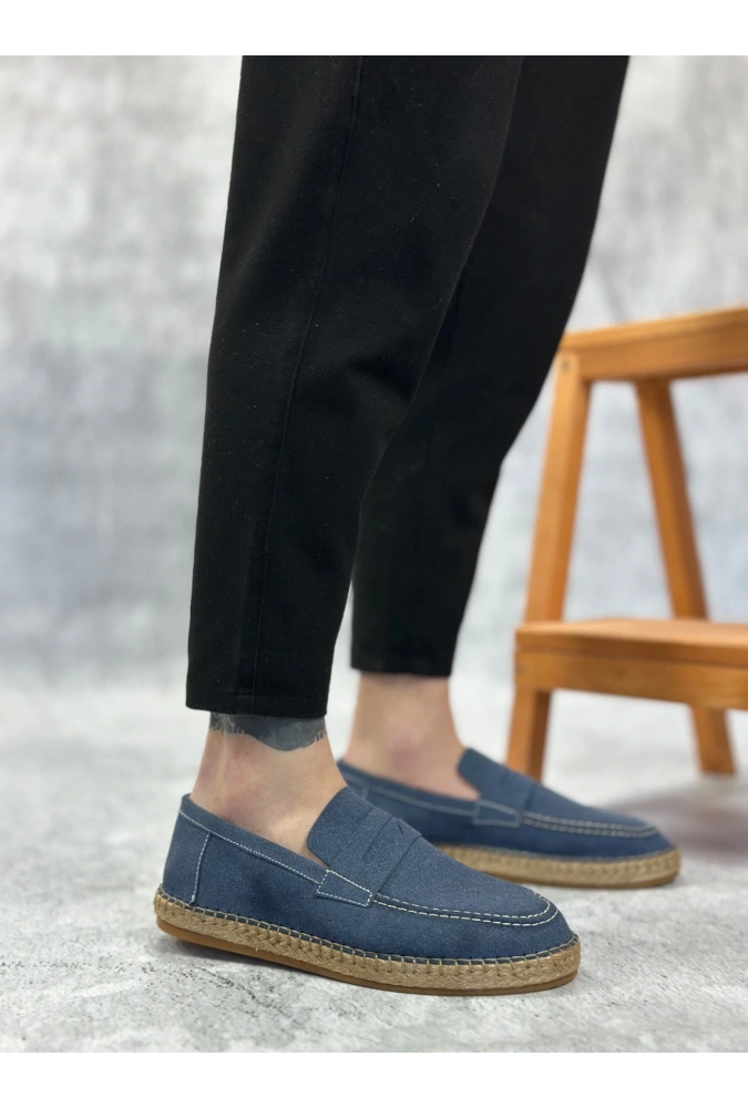 Shoecide Sb0359 Boa Doğal Deri Tozu Bağcıksız Kauçuk El Yapımı Espadril Taban Mavi Renk Erkek Ayakkabı