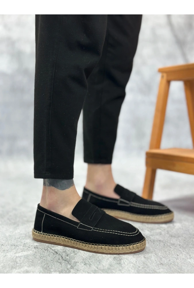 Shoecide Sb0359 Boa Doğal Deri Tozu Bağcıksız Kauçuk El Yapımı Espadril Taban Siyah Renk Erkek Ayakkabı