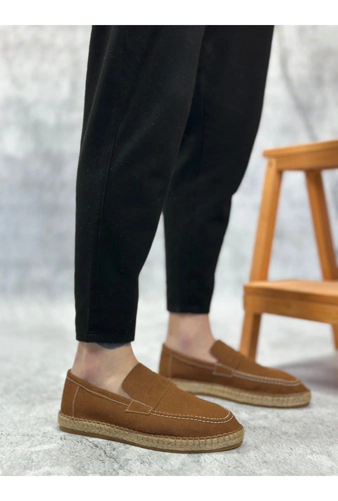 Shoecide Sb0359 Boa Doğal Deri Tozu Bağcıksız Kauçuk El Yapımı Espadril Taban Taba Renk Erkek Ayakkabı