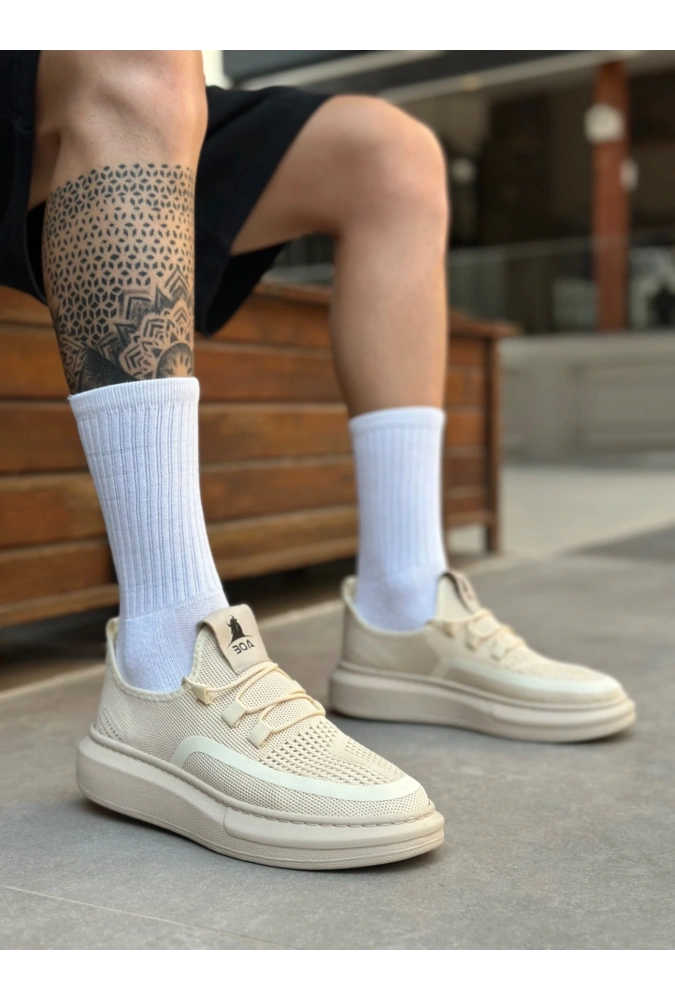 Shoecide Sb0375 Özel Örme Triko Tarz Krem Renk Spor Ayakkabı