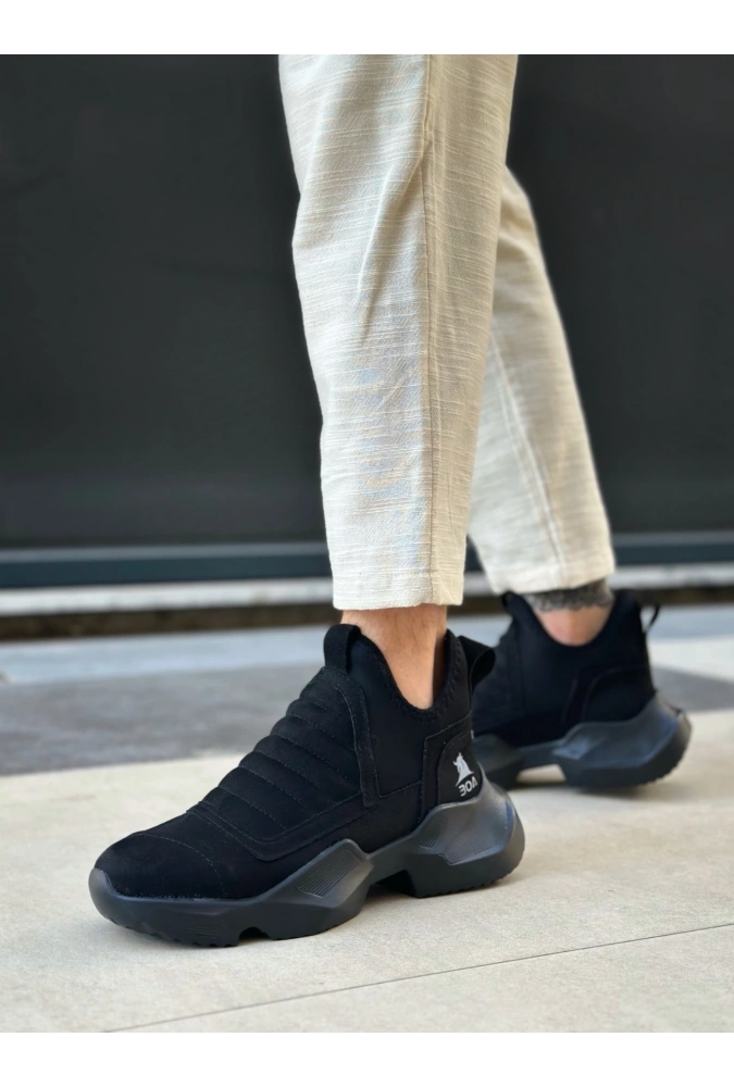 Shoecide Sb0401 Bağcıksız Rahat Yüksek Siyah Taban Siyah Süet Erkek Spor Yarım Bilek Bot