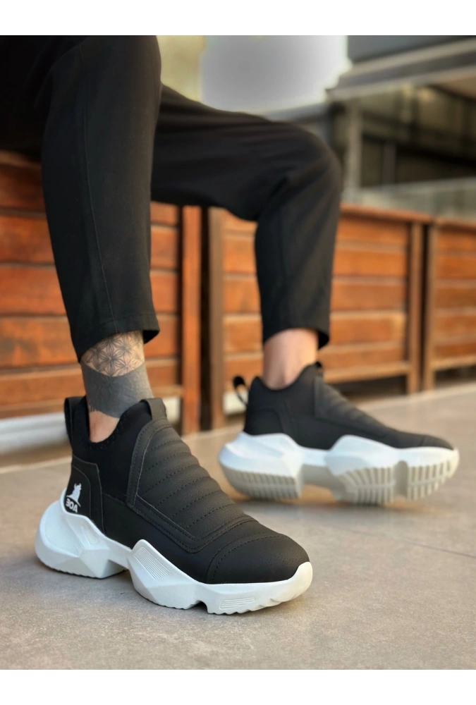 Shoecide Sb0401 Bağcıksız Rahat Yüksek Taban Siyah Erkek Spor Yarım Bilek Bot