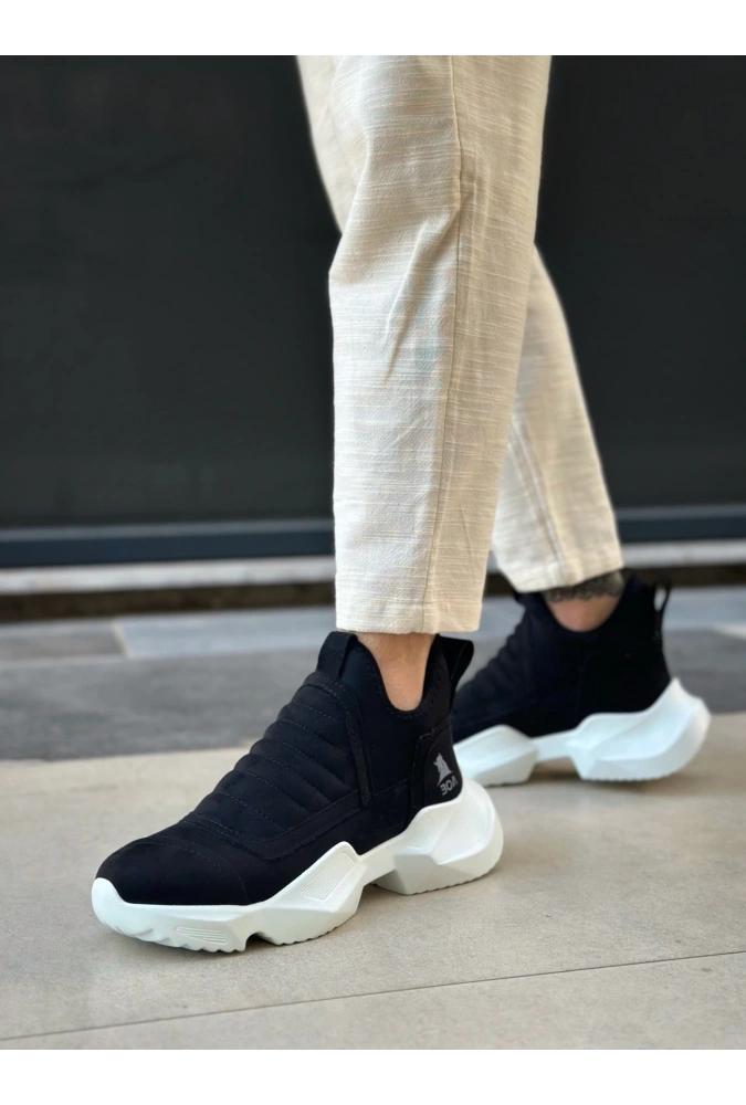 Shoecide Sb0401 Bağcıksız Rahat Yüksek Taban Siyah Süet Erkek Spor Yarım Bilek Bot