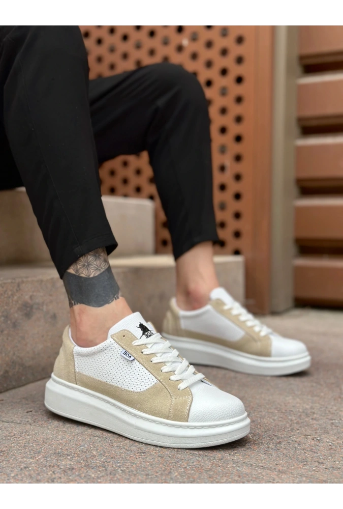 Shoecide Sb0423 Boa Kalın Yüksek Taban Beyaz Krem Bağcıklı Spor Erkek Ayakkabı