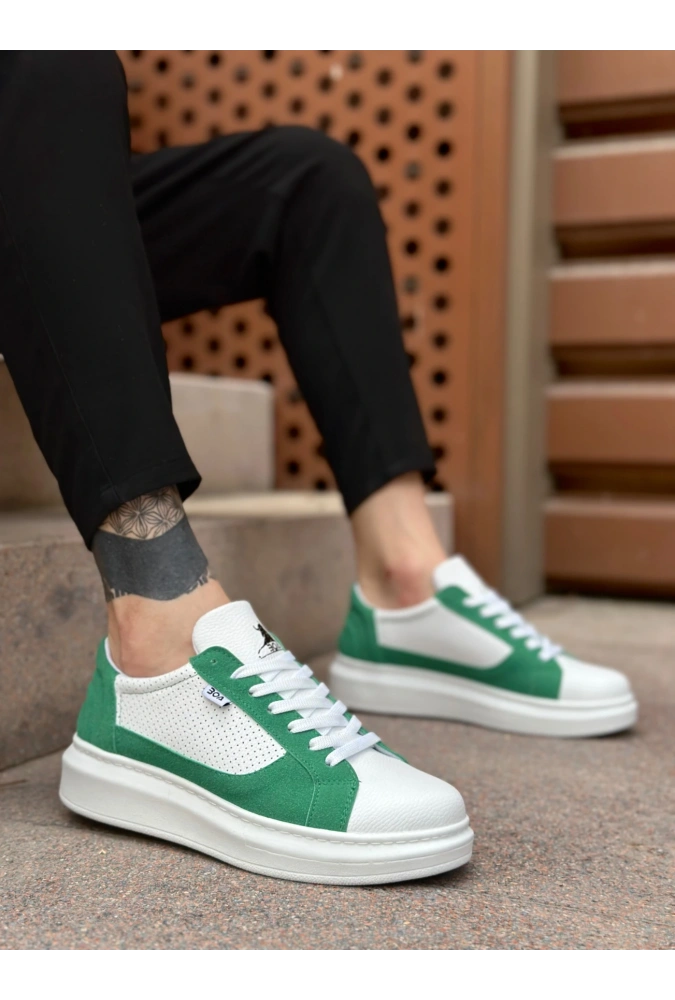 Shoecide Sb0423 Boa Kalın Yüksek Taban Beyaz Yeşil Bağcıklı Spor Erkek Ayakkabı