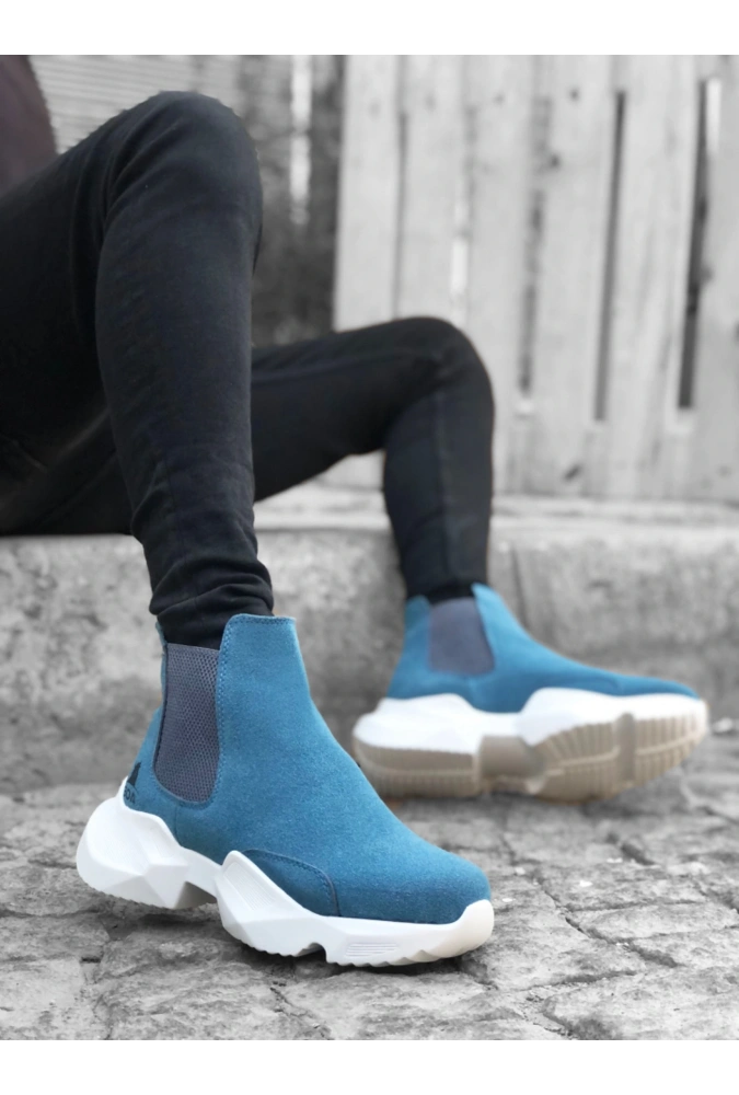 Shoecide Sb0444 Bağcıksız Rahat Yüksek Taban Mavi Erkek Spor Yarım Bilek Bot