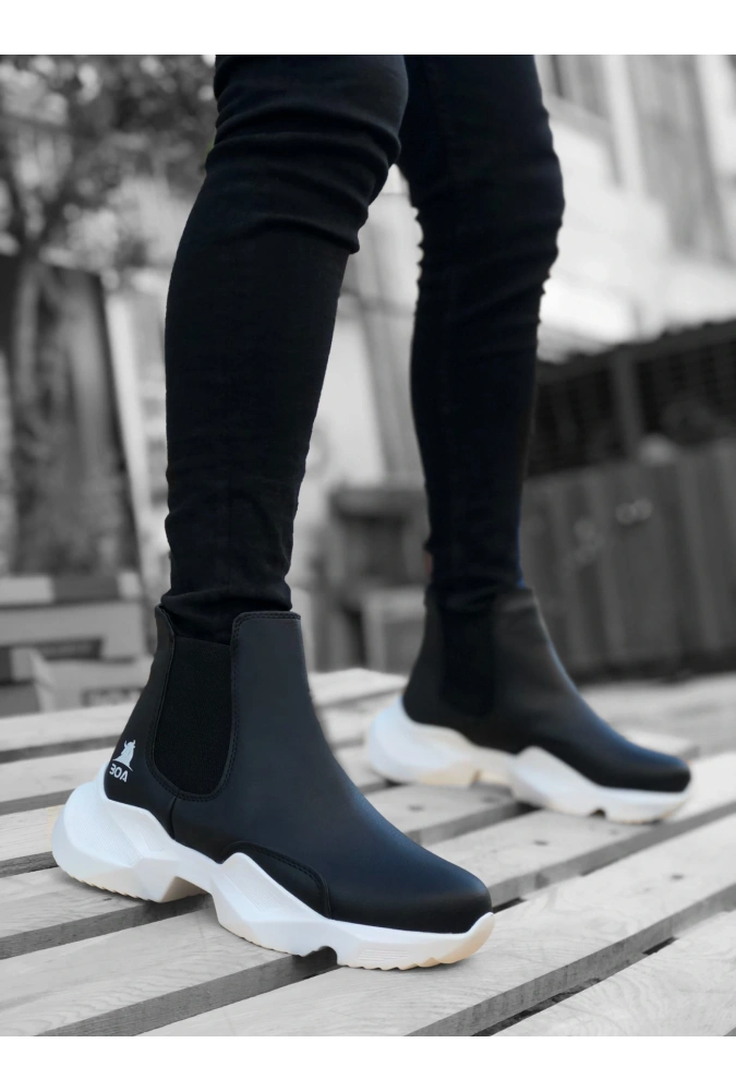 Shoecide Sb0444 Bağcıksız Rahat Yüksek Taban Siyah Beyaz Taban Erkek Spor Yarım Bilek Bot